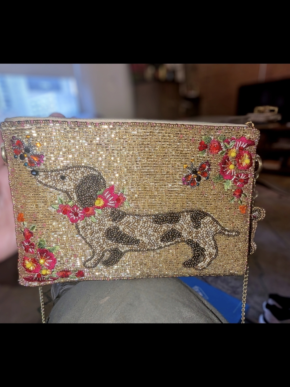 MARY FRANCES Beaded Gold Dachshund Crossbody Clutch with Floral Embroidery - Picture 1 of 3